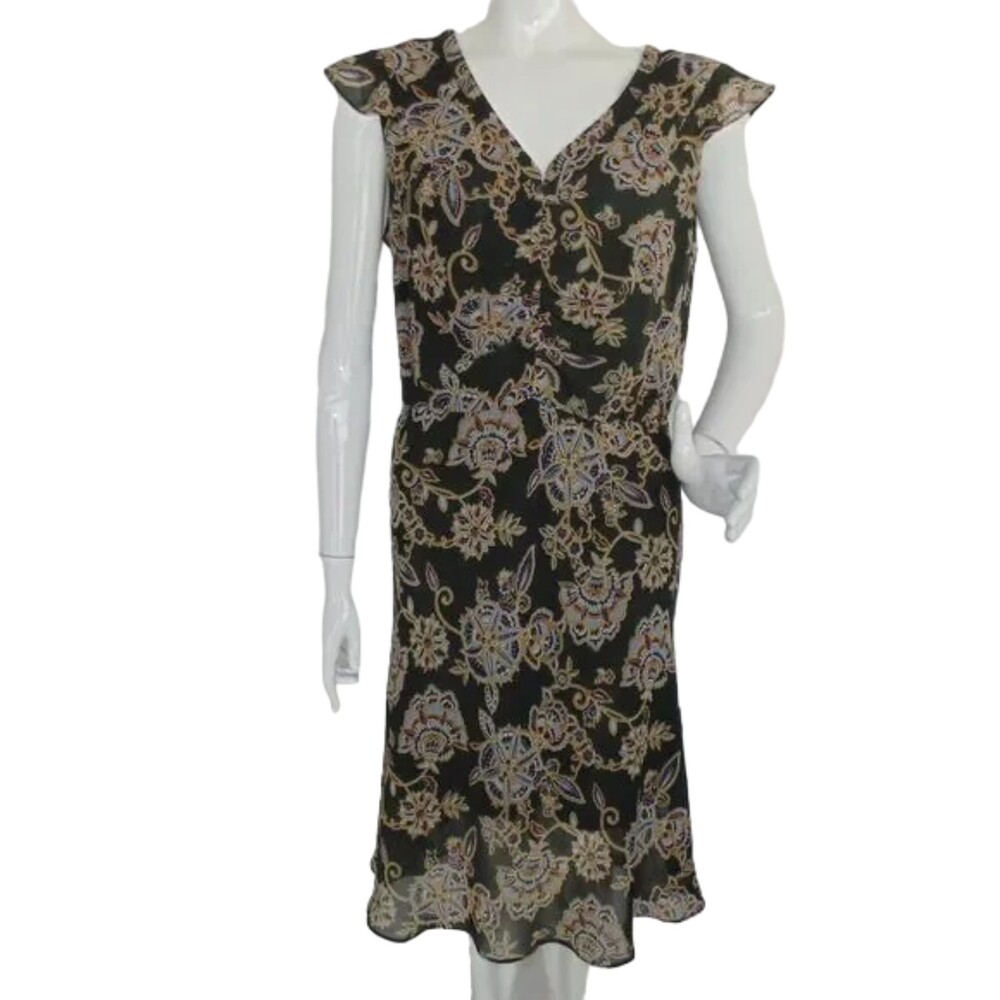 ZARA Basic Dress, L, Paisley-Floral Print, Cap Sleeve, Lined, V-neck